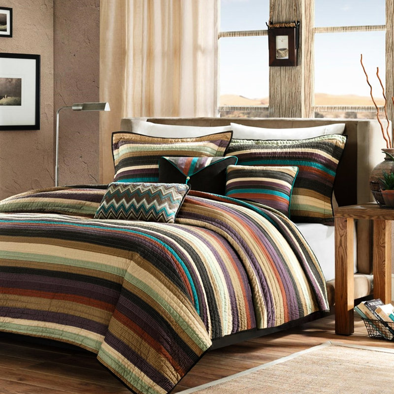 Courtepointe multicolore simple / simple TG avec fonction réversible, microfibre, fines rayures et zigzag, 3 coussins décoratifs à motif zag, décor, maille, rayures sarcelle mauve, tons décoratifs