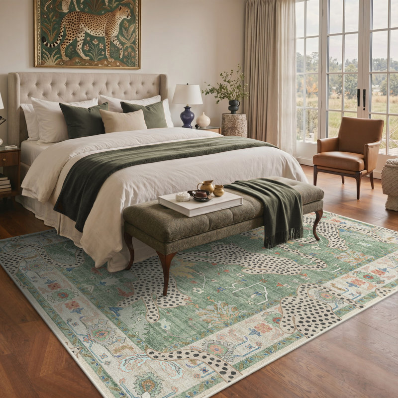 Allandale Leopard Print Green / Beige Machine Washable Non-Slip Area Rug, Rectangle 8' x 10', Green