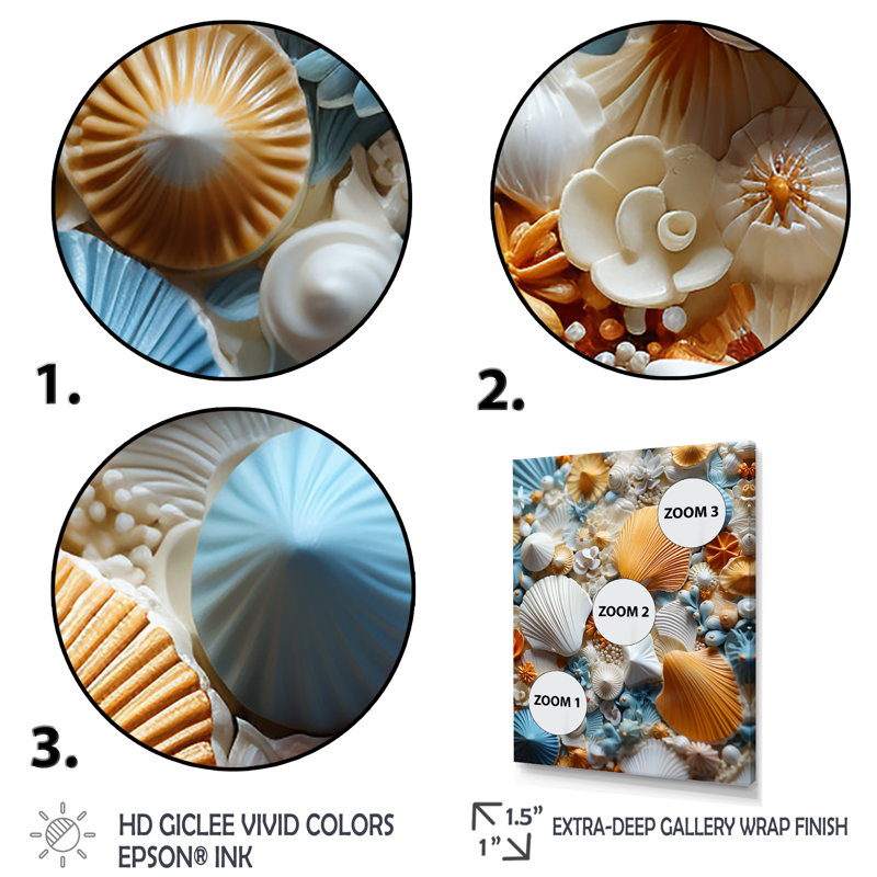 Jaune et bleu, coquillage symphonie I - art mural côtier tropical, Cadre doré simple, H 40 po x l 30 po x P 1,5 po