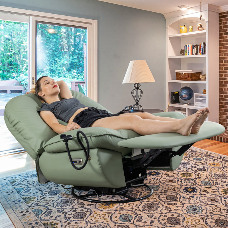 Betzabe Oversize 44.8" W Faux Leather Power Recliner, Voice Control, USB, Bluetooth, 270° Swivel, Green Faux Leather