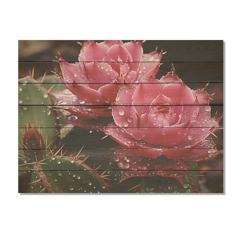 Fleurs de cactus roses - cactus floral sur bois, H 10 po x l 20 po