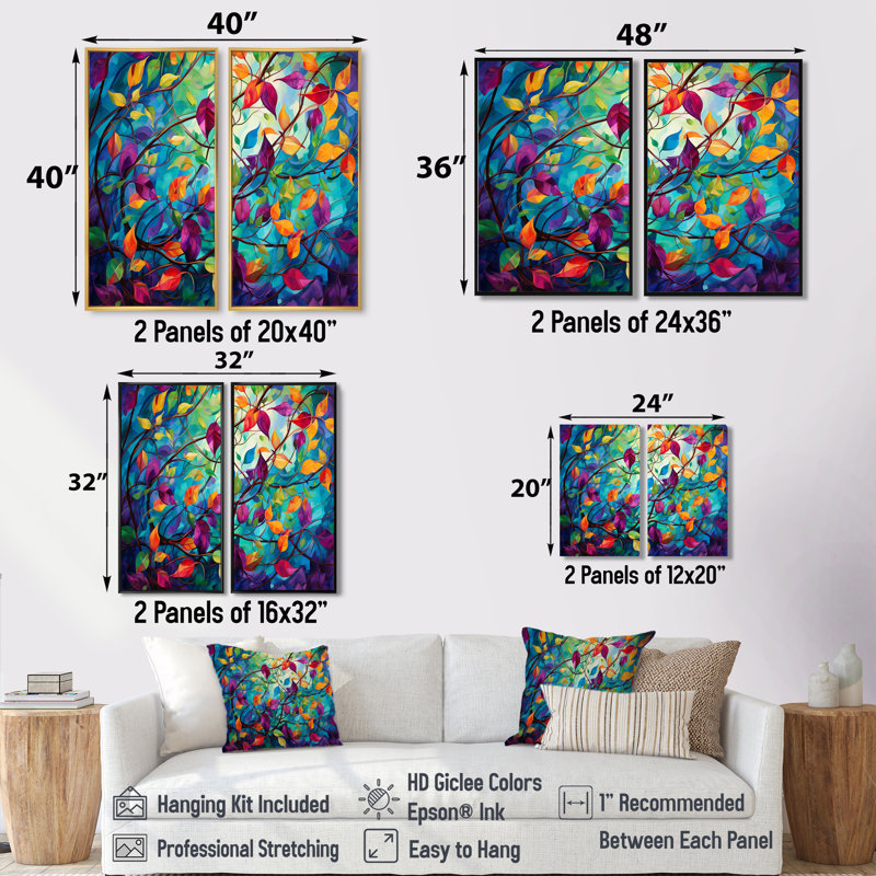 Multicolor Vibrant Vines I - Abstract Botanicals, art mural 2 pièces, H 36 po x l 48 po, Noir
