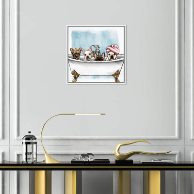«Dogs and Puppies Frenchies In The Tub», reproduction d'art graphique sur papier encadré