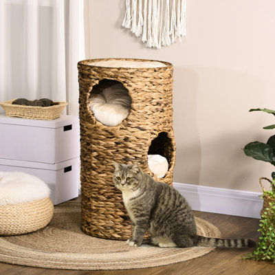 Lit surélevé pour chat avec trois cachettes et quatre coussins - Tour artisanale tissée à la main, niches multicouches pour chatons, design gain de place, espaces de rangement, matériaux naturels doux et tissés pour le confort des chats
