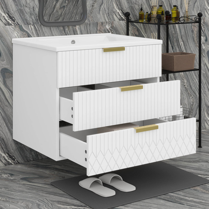Meuble-lavabo mural 24 po avec lavabo, meuble-lavabo flottant avec tiroirs, Blanc