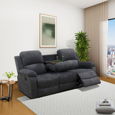 79" Premium Fabric Reclining Living Room Sofa With Drop Down Table And Cup Holders