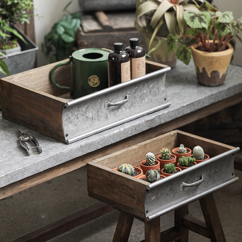 Rustic Wood and Metal Garden Tray Planter, 3.9" H x 12.6" W x 8.2" D