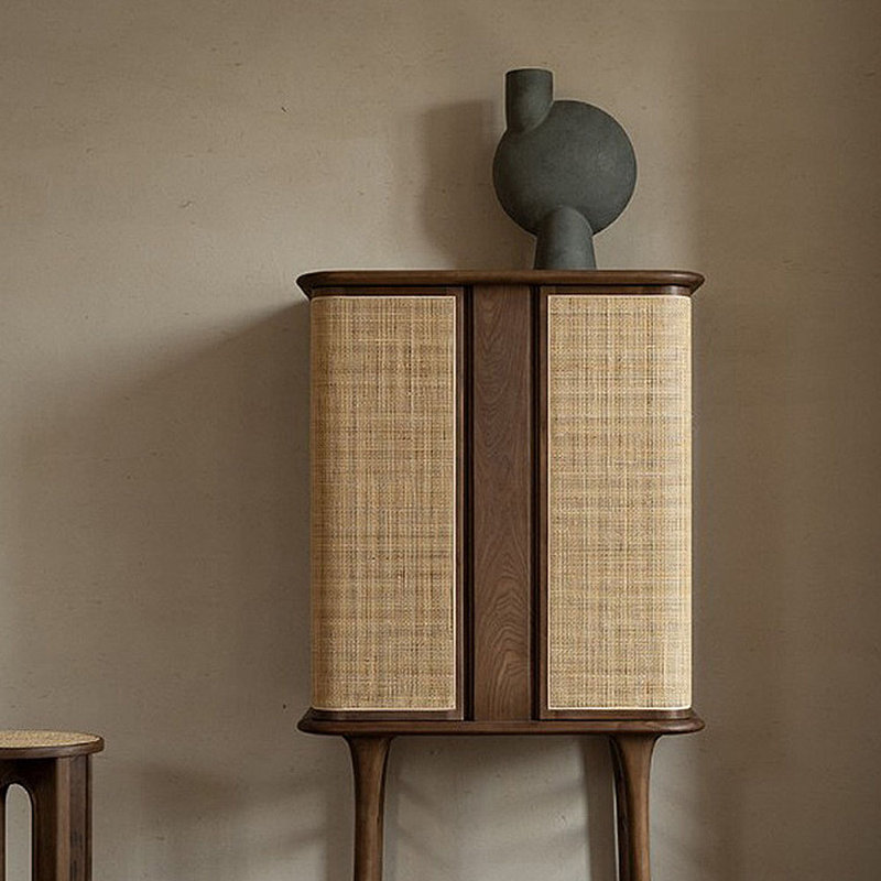 Black Walnut Rattan Door Storage Sideboard Accent Cabinet