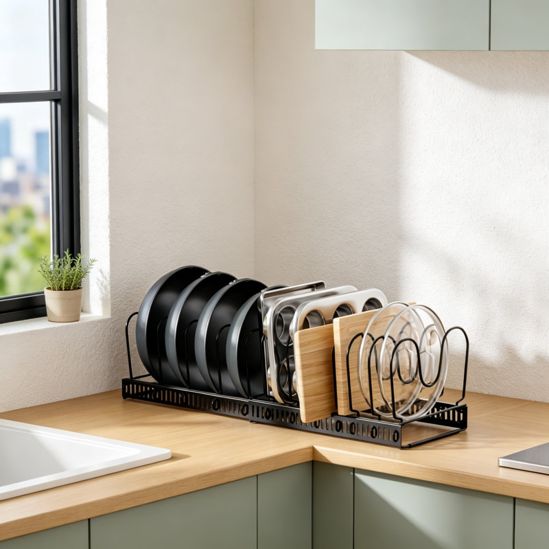Organisateur extensible pour casseroles et poêles à placer sous un meuble, avec 12 séparateurs