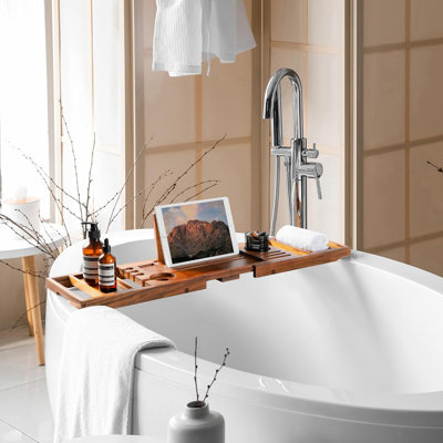 Plateau pour baignoire en teck | Plateau à largeur réglable avec support à vin, support pour tablette / téléphone et support à livres, résistant aux éclaboussures pour l'heure du bain