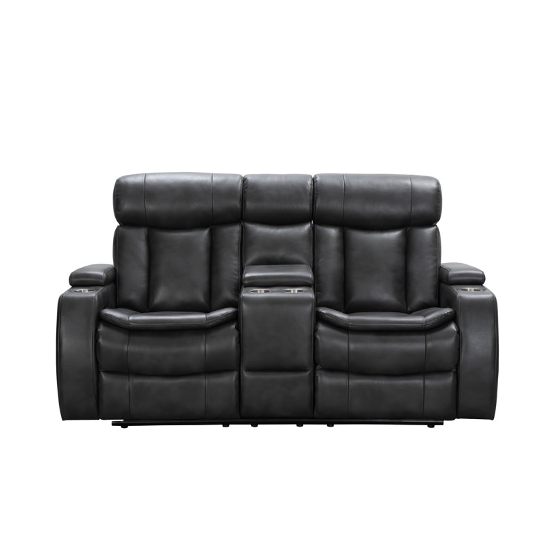 Causeuse de théâtre en cuir véritable Asahd de 74 po de largeur avec porte-gobelet, Cuir véritable noir