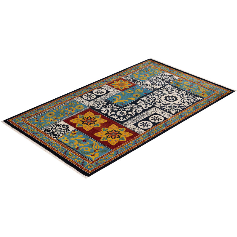 Tapis noir en laine noué à la main 3 pi 3 po x 5 pi 5 po