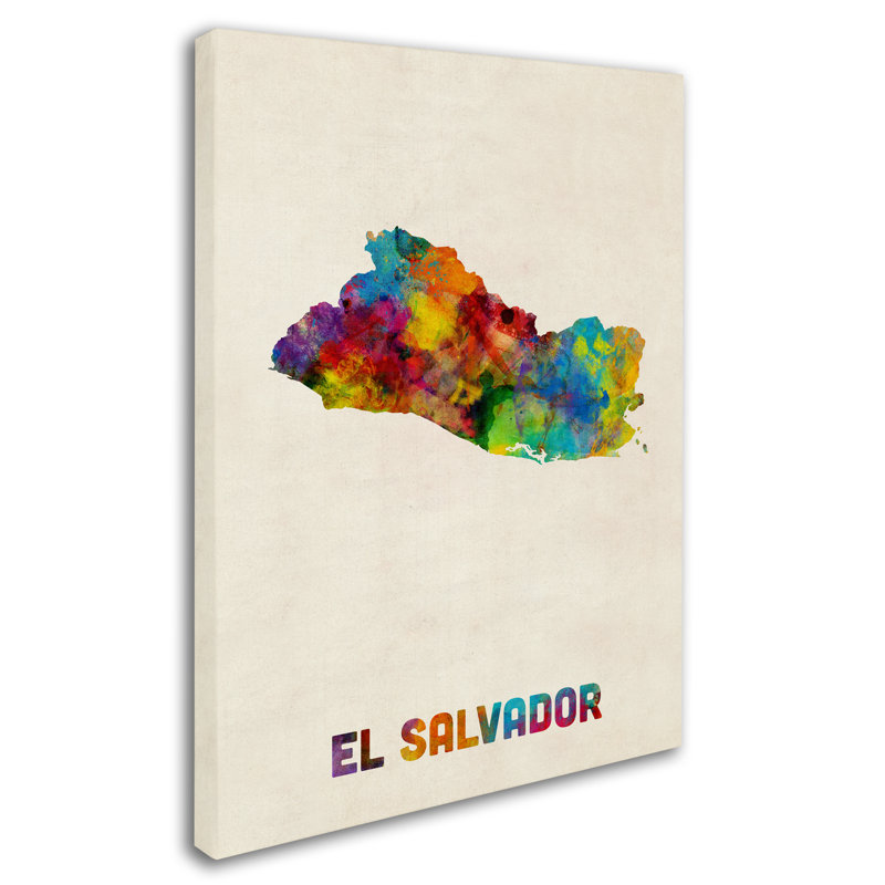 Carte en aquarelle sur toile tendue el salvador, H 32 po x l 24 po x P 2 po