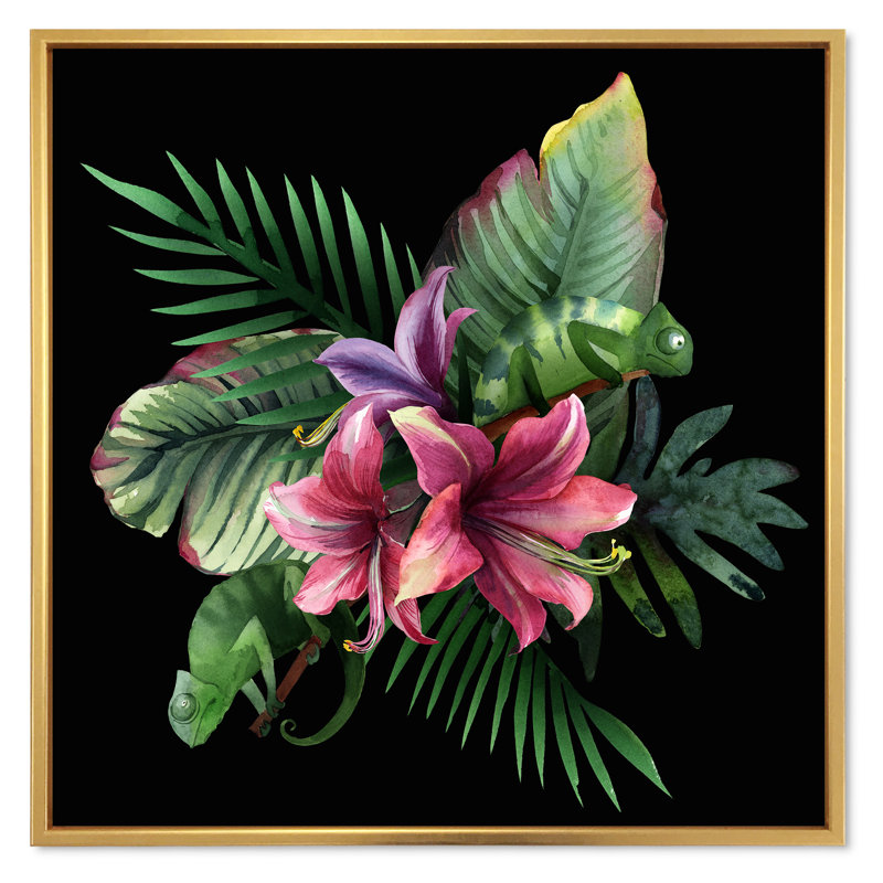 Bouquet de fleurs tropicales et de feuilles sur fond noir I - reproduction d'art sur toile traditionnelle