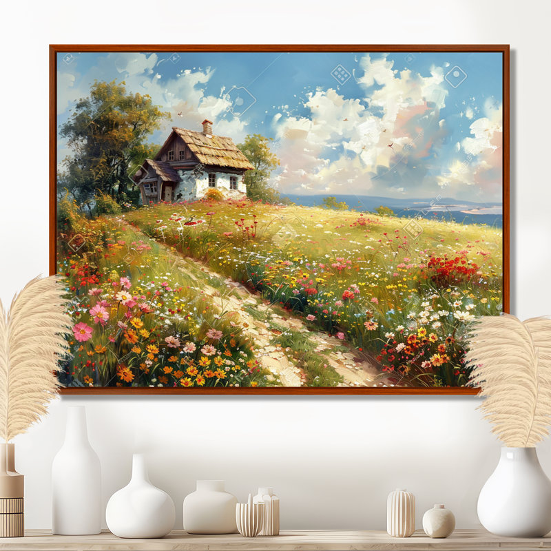 «White Country House In Flower Meadow», impression d'art mural paysage, Toile avec cadre flottant brun