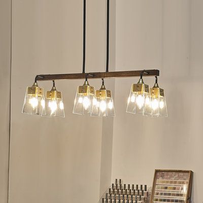 6 Light Kitchen Island Pendant In Wood And Black Finish With Gold Accent