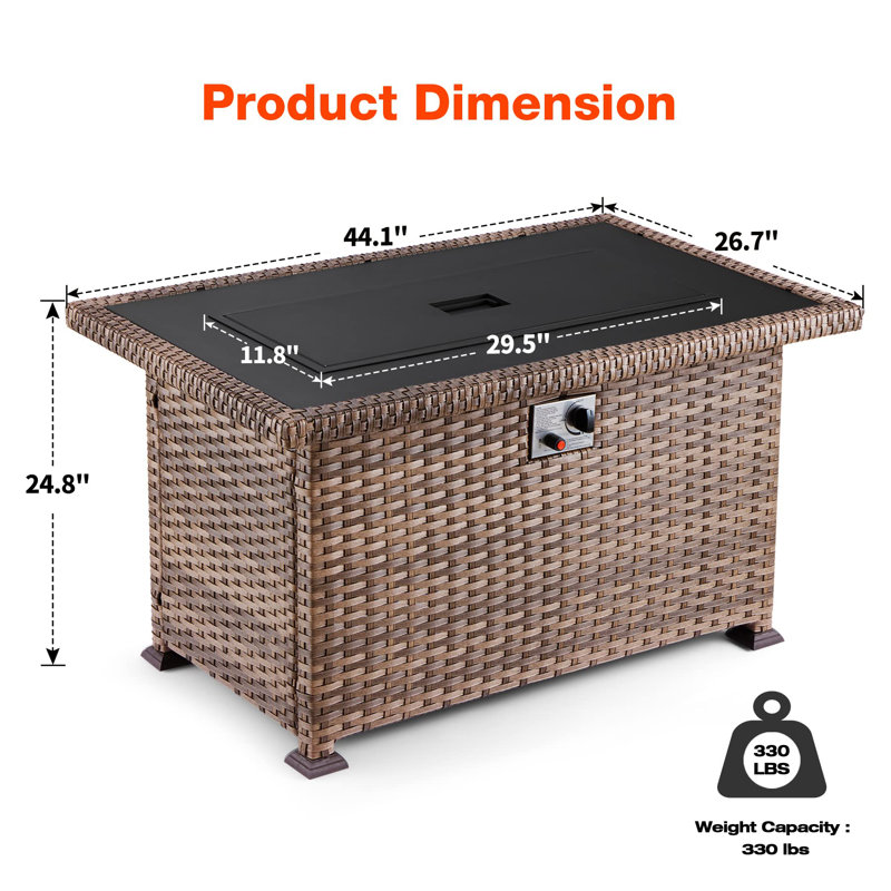 Table de foyer d'extérieur au propane H 24,8 po x l 44 po avec couvercle et pierres en verre, foyer d'extérieur au gaz