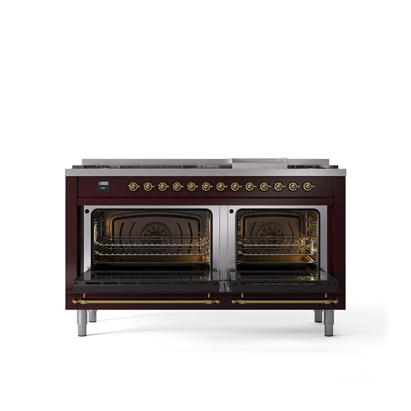 ILVE Nostalgie II 60 in Dual Fuel Range, 9 Burner, Griddle, Burgundy Red/Brass, Natural Gas