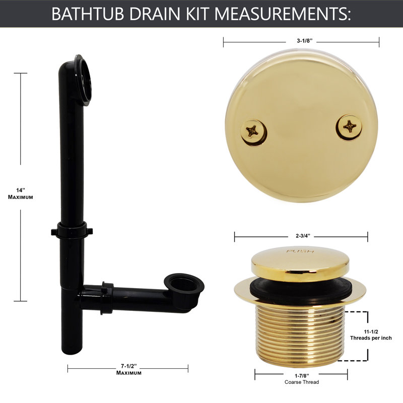 Ensemble de drain de baignoire 14 po en polypropylène noir avec trop-plein à 2 trous, Laiton poli
