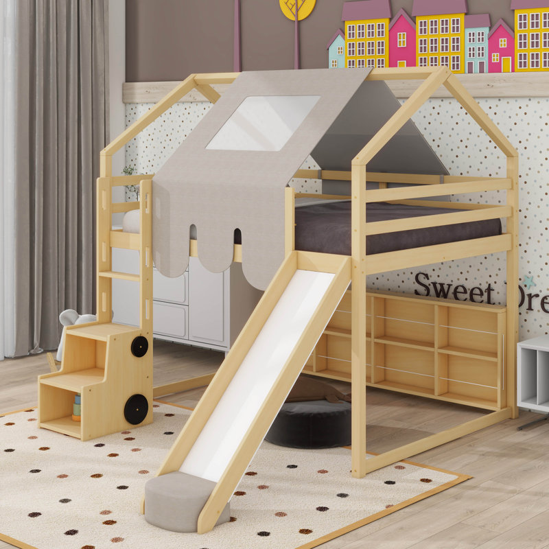 Lit simple mezzanine en bois en forme de maison avec une tente, Double, Naturel / Beige