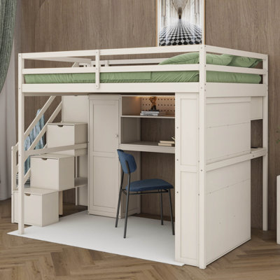 Lit mezzanine pleine grandeur avec bureau et garde-robe, meubles tout-en-un peu encombrants pour la chambre à coucher, tablettes de rangement et lumières DEL incluses