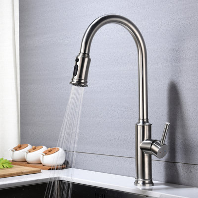 Brushed Nickel Pull Out Spray Kitchen Faucet, Stainless Steel Quality, 360 Rotating Nozzle For Ease Of Use, Corrosion And Rust Surface, Single Handle Temperature & Flow Controller Appearance,