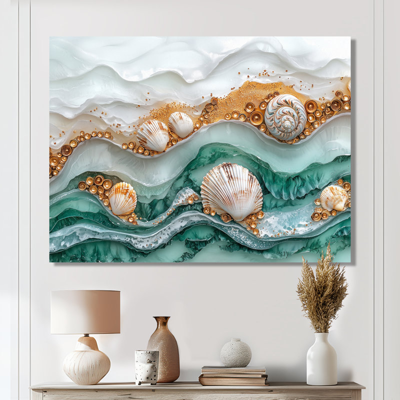 Coquillage et marbré plage paysage II - impression d'art nautique en métal, art mural côtier en métal, H 30 po x l 40 po