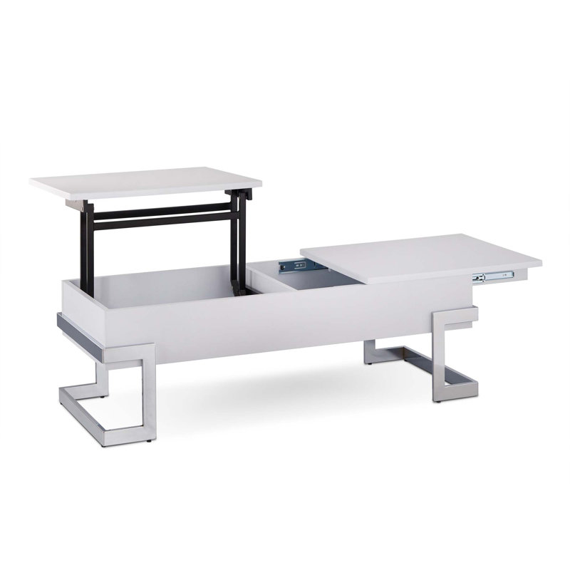 Table basse blanche brillante et chromée avec plateau relevable, Blanc