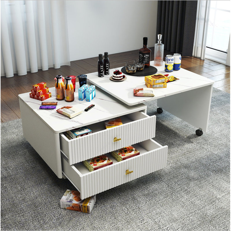 Table basse extensible avec rangement, table de salon réversible à 2 tiroirs et à 6 roulettes