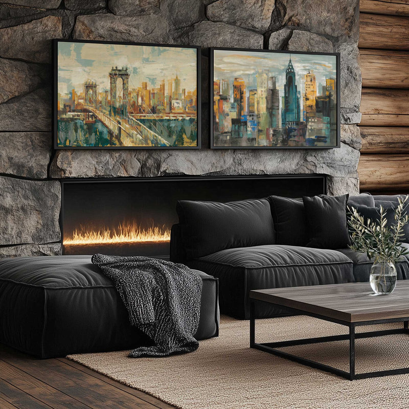 Ensemble de 2 impressions City Skylines, 48 po x 32 po, Impression encadrée, Noyer
