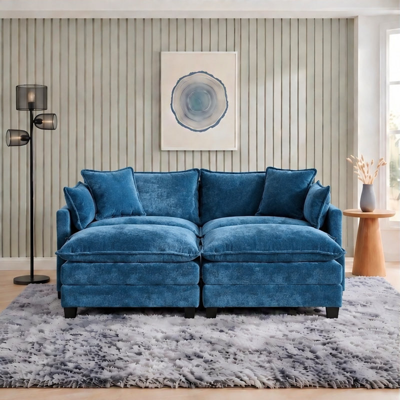 Canapé d'angle à deux places en chenille de 198 cm avec deux poufs, Chenille bleu, 33" H x 78" W x 35" D