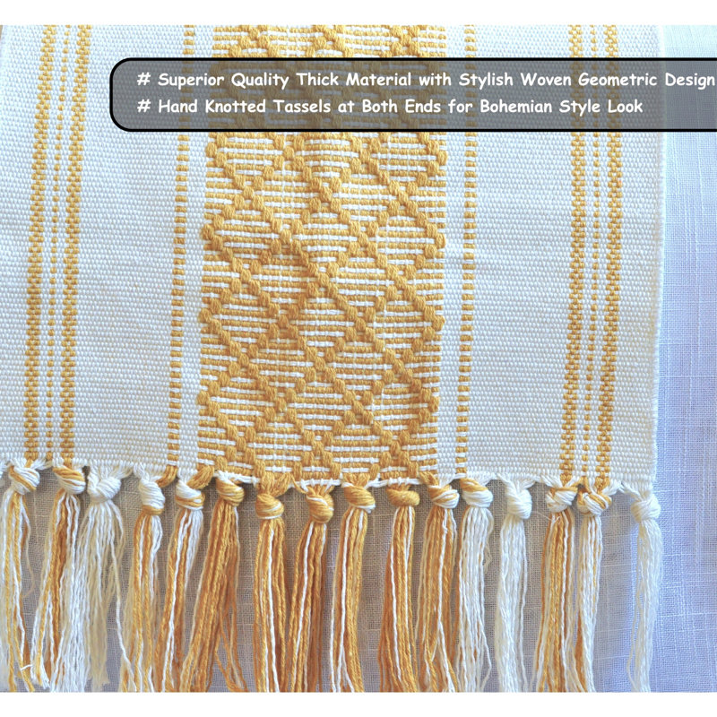 Mustard Yellow and Cream Cotton Boho Table Runner with Tassels