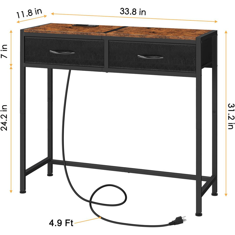 Console avec tables à canapés avec station de charge et tiroirs en tissu, Brun