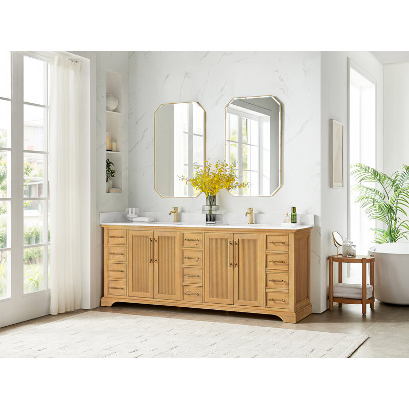 Epworth 84" Double Bath Vanity in Oak Natural Brown with Silk White Quartz Stone Top, Oak Natural Brown