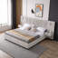 Très grand lit plateforme tapissier en chenille avec tables de chevet intégrées, lampes de lecture et tête de lit réglables - Beige | Aucun sommier tapissier requis-1045407748-1045407750