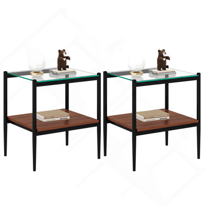 Set Of 2 Rectangle End Table, Tempered Glass Tabletop With MDF Layer, Modern Table For Living Room , Transparent Glass