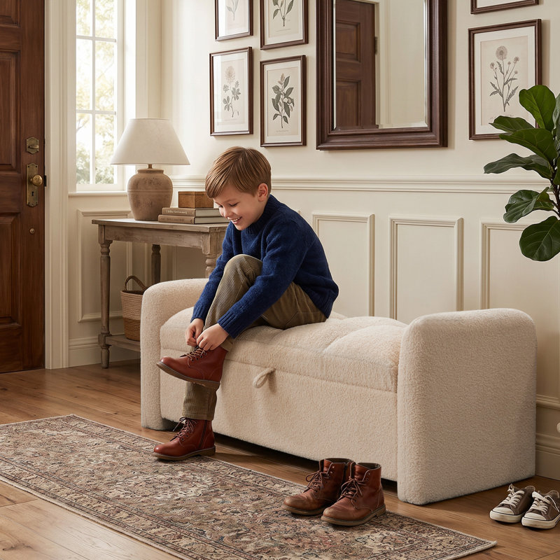Teddy Storage Bench with Thick Cushions and Tufted Flip Top,with 2 Pillows, Teddy Khaki