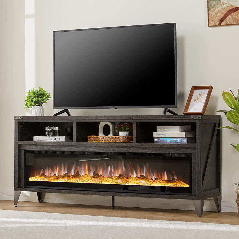 Bowrah TV Stand for TVs up to 75" with Electric Fireplace Included, Grey, Grey