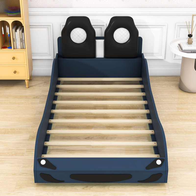 Katerinne Twin Size Platform Bed Stylish Racecar Design with LED Lights, Upholstered Backrest, Blue