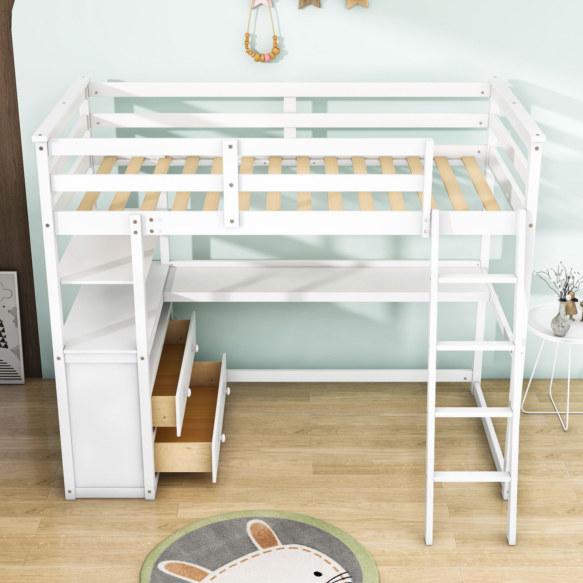 Harriet Bee Gracilynn Twin 2 Drawers Wood Loft Bed with Built-in-Desk ...