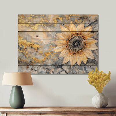 Éclat chatoyant d'un tournesol sur agate II - Décoration murale traditionnelle en bois sur bois de pin naturel