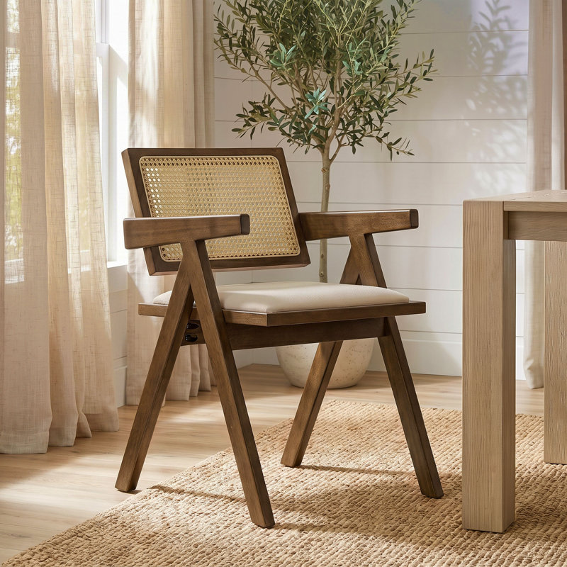 Mila Rattan Solid Wood Dining Chairs, Walnut, Brown Wood