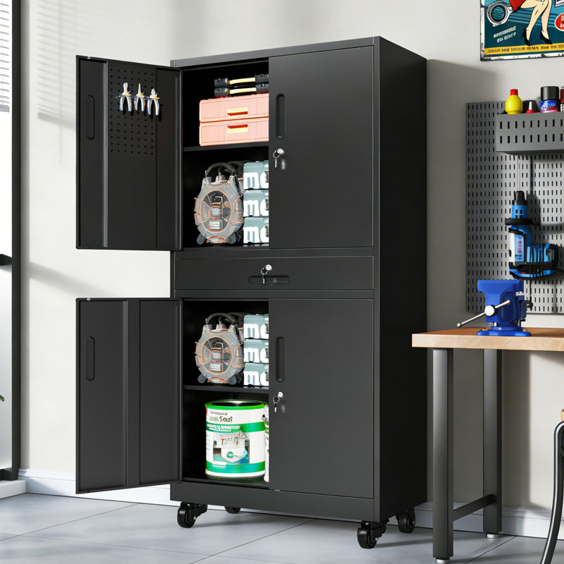 Makeace 71" H x 31.5" W x 15.7" D Black Metal Garage Storage Cabinets with Drawer, Lockable Rolling Tool Cabinets with Pegboard, 2 Adjustable Shelves & 8 Hooks