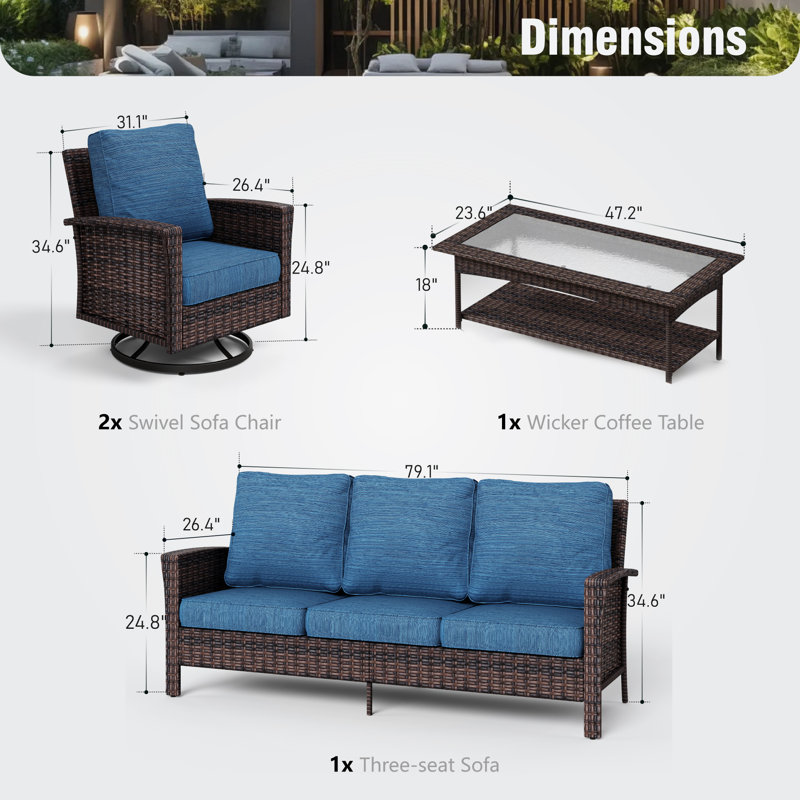Nadilee Premium All-Weather Wicker - Person Patio Conversation Set with Cushions, Navy, No