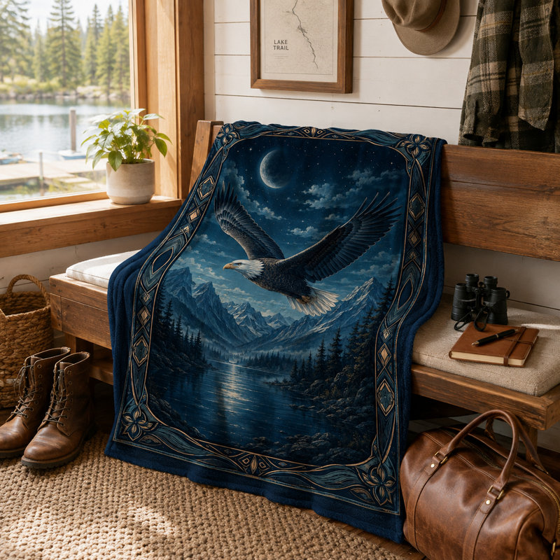 Couverture en flanelle vintage à motif d'aigle au clair de lune et de lac de montagne nocturne, ornée d'un oiseau en vol et d'un paysage sauvage étoilé, idéale pour canapé ou lit, 101,6 x 127 cm (40 x 50 pouces).