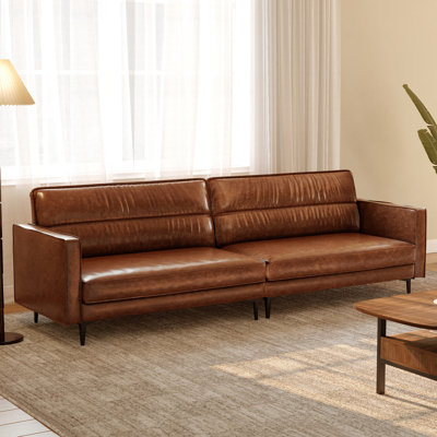 86.61" Oiled Leather 2-Seater Reclining Sofa, Modern Sectional Couch with Metal Legs, Caramel