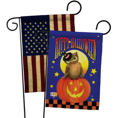 Hibou assis sur un jack en polyester de 2 côtés 19 po x 13 po drapeau de jardin