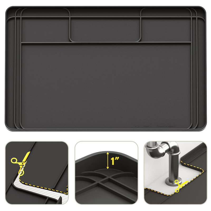 Under Sink Mats For Kitchen Waterproof, Cut To Fit Under Sink Drip Tray For Kitchen Bathroom Cabinets, Black