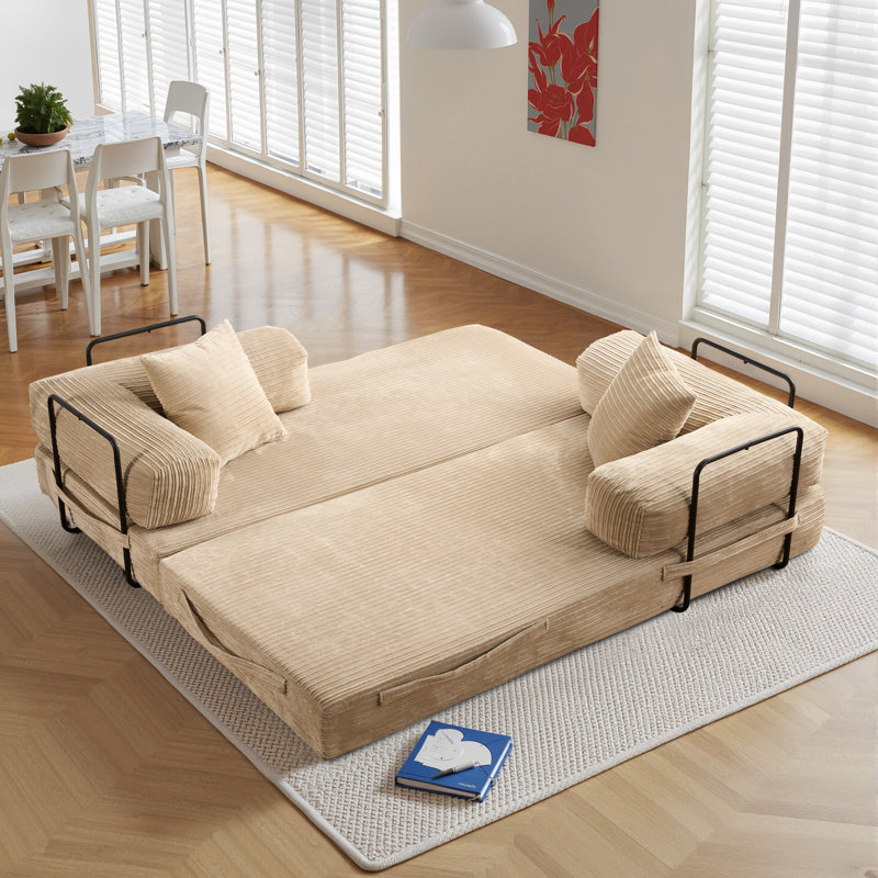 Canapé-lit modulaire moderne de 80 po, canapé en velours côtelé avec mousse haute résilience, Beige