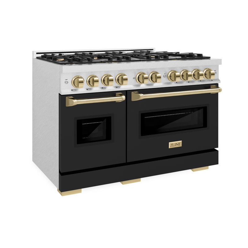 ZLINE Autograph Edition 48 in. Classic Satin Steel Gas Range w/ Doors & Accents, Gold/Black